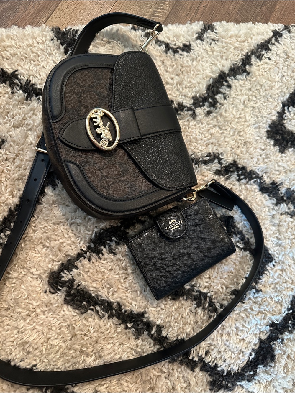 Coach Georgie Saddlebag Black & Brown Signature Saddle Crossbody and wallet